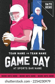 VECTORS. Poster template for an American Football Game Day (uniform colors are easy to change). Match, invitation, flyer, party, Super Bowl, venue, sports bar