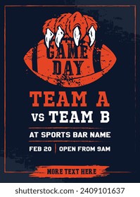 VECTORS. Poster template for an American Football Game Day. Invitation, flyer, ad, watch party, sports bar, orange, dark navy, bear claw, vintage