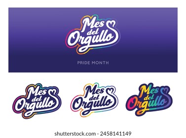 VECTORS. Pride Month logo in Spanish. LGBTQ+, lettering, handwritten, rainbow, heart