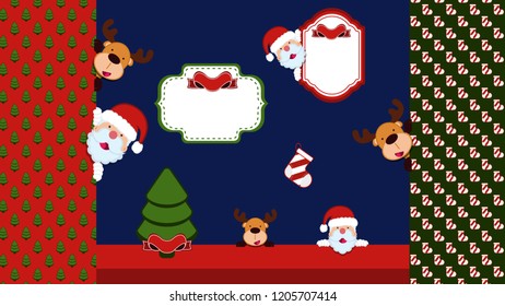 Vectors for production of printed or digital materials in the theme of the Christmas holiday. It features Santa Claus, Reindeer, Frames, Patterns, Tree, Bow and Stocking.