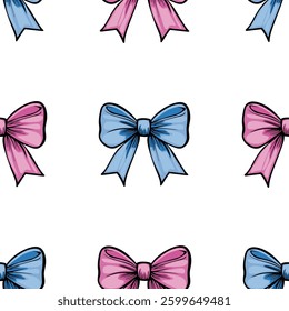 A vectors repeating pattern of colorful bows in pink and blue, suitable for fabric or gift wrapping designs.
