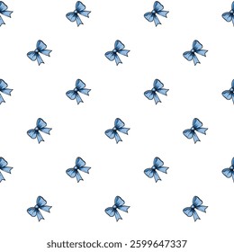 A vectors seamless pattern featuring small blue bows on a white background, creating a playful and cheerful design.