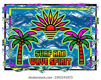 Vectors of a sun with coconut trees and fluorescent colorful details, waves on the rectangular background with the phrase Surf and wave spirit