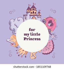 vectors template with castle, cloud, carriage, shoe, fan, crown, golden key, magic wand. Greeting card for little girls.