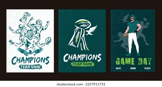 VECTORES. Plantillas de afiches para un equipo de fútbol americano. Campeones, Super Bowl, ganadores. Colores: verde medianoche, plata, negro. Día del juego, trofeo, invitación, volante, anuncio, fiesta de observación, graffiti