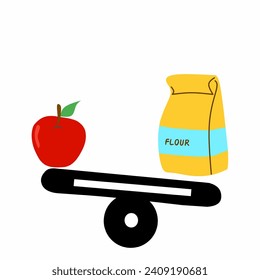 Vectors that form comparison scales with a heavy load on flour and a light load on apples. This shows an imbalance in food intake