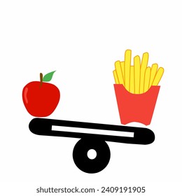 Vectores que forman escalas de comparación con un peso pesado en comida rápida y un peso ligero en manzanas. Esto muestra un desequilibrio en la ingesta de alimentos