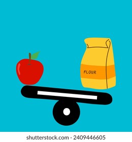 Vectors that form comparison scales with a heavy load on flour and a light load on apples. This shows an imbalance in food intake