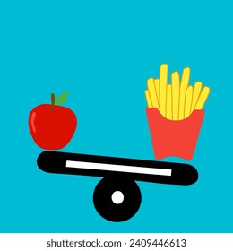 Vectores que forman escalas de comparación con un peso pesado en comida rápida y un peso ligero en manzanas. Esto muestra un desequilibrio en la ingesta de alimentos