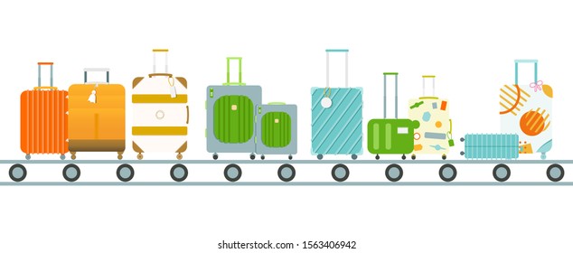 Vectors of this set of luggage. Has wheels and handles, bags on the luggage loading conveyor.