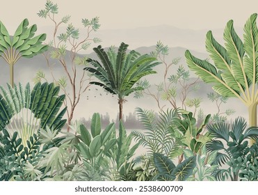 Vectors of Tropical trees and birds Wate rcolor wallpaper, Tropical Background Design.