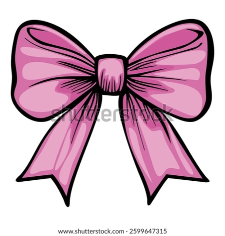 A vectors vibrant pink bow with a glossy finish, featuring wide loops and long tails. The bow is illustrated with bold outlines, giving it a playful and cheerful appearance.