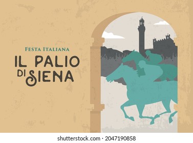 VECTORS. Vintage Banner for Il Palio di Siena, horse race in Tuscany, Italy. Piazza del campo. Palazzo pubblico. Torre del mangia. Festa Italiana, Italian tradition, culture, festivity, holiday