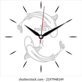 vectors of wall clock  with  mandala and pisces zodiac Constellations, symbols of the months of the year
