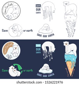 Vectors - White polar bear characters in various gestures, logos, save world, save our earth