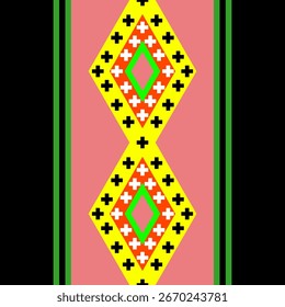 vector,Seamless geometric pattern with pastel colors, diamond shapes and floral and cross elements, with dark black borders, perfect for textile design, wallpaper, fabric, gift wrapping .