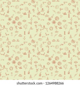 vectorseamless pattern with childrens drawings on the theme of space, science and the emergence of life on earth, UFO's, planets technique of reproduction, the universe, Doodle style, background 