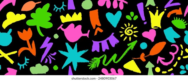 Vectorseamless pattern  with multicolored charcoal graffiti doodle and girly shapes  Hand drawn abstract scribbles and squiggles, creative various shapes, pencil drawn.  