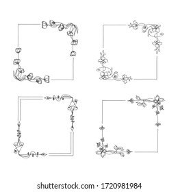 Vectorset of black hand drawn corner borders. Floral elegant ornament on white background. Squared frame with fancy elements. 