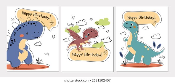 Vectorset of funny birthday card with Dinosaur. Children's card with cute dinosaurs and text Happy Birthday. Dino baby colorful illustration in naive style on white background 