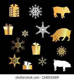 VectorSet with pig silhouette, presents and golden snowflakes in graphic design illustration