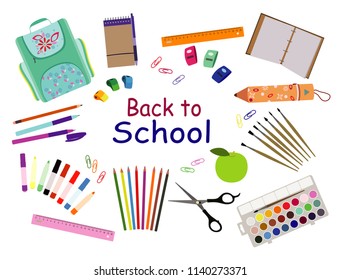 Vectorset of school supplies. Back to school flat color icons set. School icons isolated on white background.