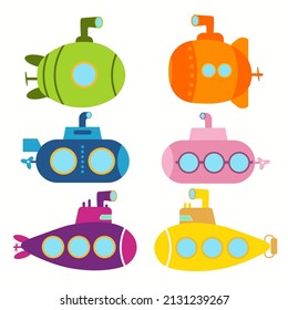 VectorSet of submarines on white background. Flat cartoon colorful vector illustration