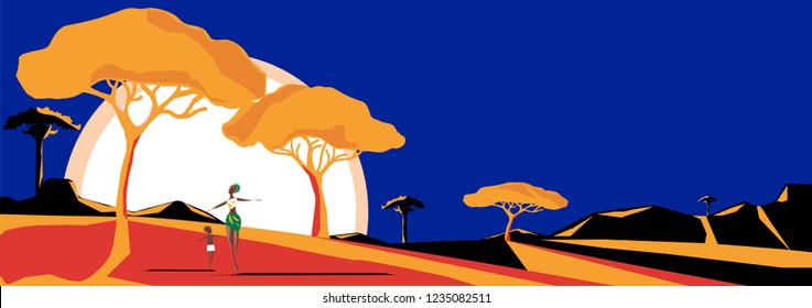 Vector-Silhouette of the African Savannah. Panoramic landscape of wild nature Africa with native mother and son happy together while sunset.Vector illustration .
