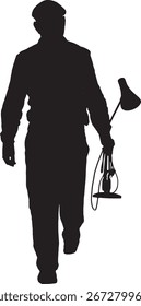vector,silhouette of back view of a walking man holding lamp