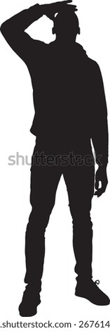 vector,silhouette of front view of a a man hand on forehead look up