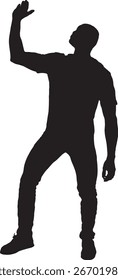 Vektor, Silhouette Vorderansicht eines Mannes, der mit einer Hand auf weißem Hintergrund hochdrückt