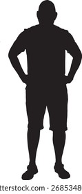 Vector, silueta de la vista frontal de un hombre de pie ropa de verano y brazos akimbo