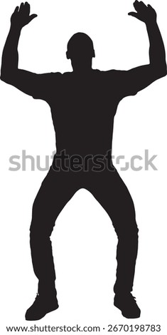 vector,silhouette of front view of a standing man holding or pushing something imaginary upwards.