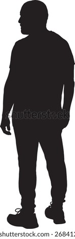 vector,silhouette of a side back view of a  man standing dressed in sportswear, looking away 