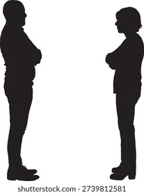 vector,silhouette of side view of a couple face to face with arms crossed