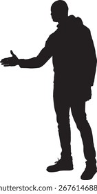 vetor,silhueta de visão lateral de um homem apertando as mãos com uma pessoa imaginária