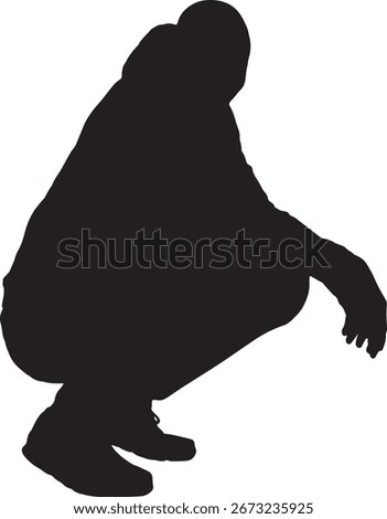 vector,silhouette of  side view of man squatting and looking at camera 