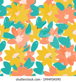 VectorSimple seamless pattern of hand drawn gouache flowers, colorful botanical illustration, floral elements, hand drawn repeatable background. Artistic backdrop.