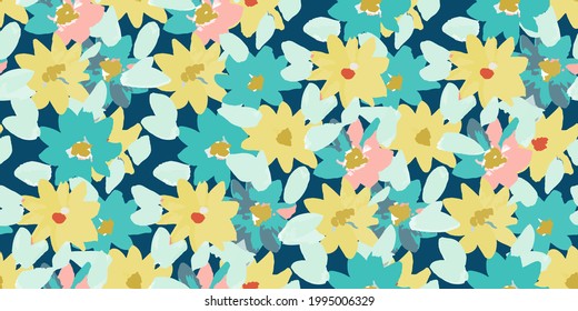 VectorSimple seamless pattern of hand drawn gouache flowers, colorful botanical illustration, floral elements, hand drawn repeatable background. Artistic backdrop.