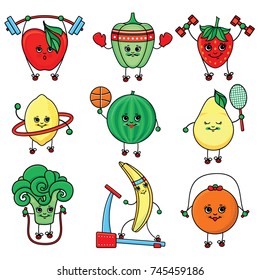 vectorsketch characters doing sport set. Apple, strawberry, pepper, lemon, watermelon, pear, broccoli banana, orange working out with dumbbell, hoola hoop, skipping rope, treadmill barbell, basketball