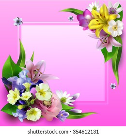 Vector.Spring flowers, a beautiful bouquet for design, anemones, primroses, freesia, lilies, irises, 