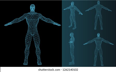 Vector"Strong healthy human body standing 3D model low poly design. Android robot humanoid optimal perfect man fitness sport shape. Polygonal"