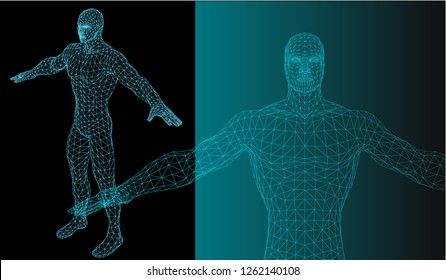 Vector"Strong healthy human body standing 3D model low poly design. Android robot humanoid optimal perfect man fitness sport shape. Polygonal ge..."