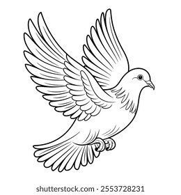 A vector-style black-and-white coloring page of a dove in mid flight 