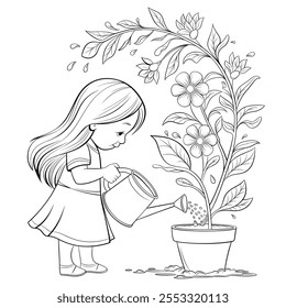  A vector-style coloring page of a young girl with long, flowing hair, dressed in a cute outfit, gently watering a flower plant.