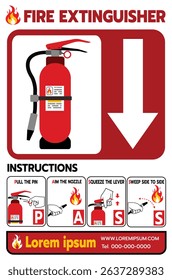 Vector-style fire extinguisher guide featuring four steps: pull the pin, aim the nozzle, squeeze the lever, and sweep side to side. Includes fire icon graphics and placeholder contact information