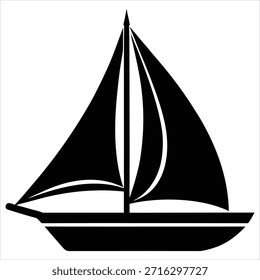 Icono de estilo Vector de un velero presentado como una silueta negra sobre un fondo blanco.