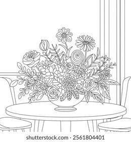 A vector-style illustration of a beautiful flower arrangement placed on a table 