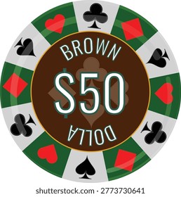 A vector-style illustration of a brown poker chip with a $50 value. The design features a brown central core with white text and an outer ring with alternating dark green and light gray segments, decorated with red and black card suit symbols (hearts, diamonds, clubs, spades). Clean flat design for gambling, high-stakes poker, and casino branding.
