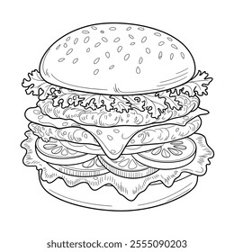 A vector-style illustration of a burger with layers of lettuce, cheese, tomato, pickles, and a juicy beef patty 